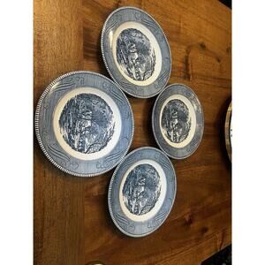 Currier & Ives Royal China Blue 10” Dinner Plates “The Old Grist Mill” -Set of 4